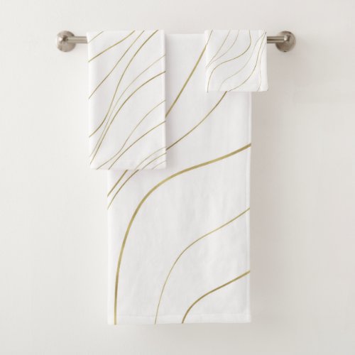 White  Gold Wavy Lines Modern Glam Bath Towel Set