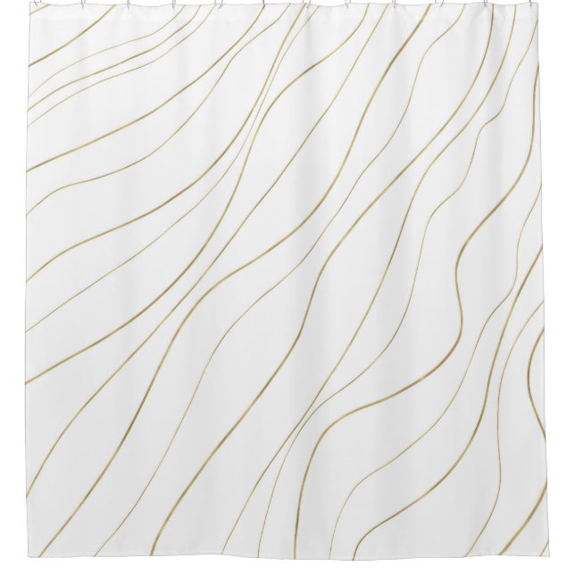 White & Gold Wavy Lines Modern Glam Shower Curtain (Front)