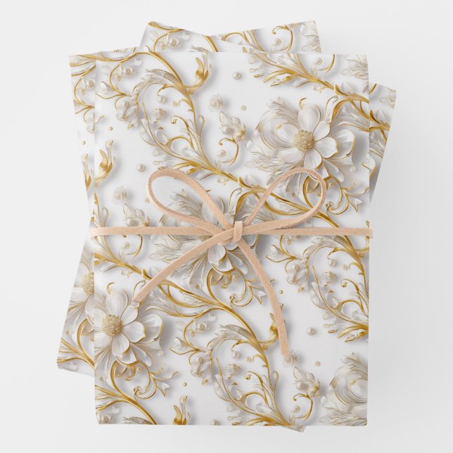 White gold wedding floral pattern elegant summer  wrapping paper sheets (In situ)