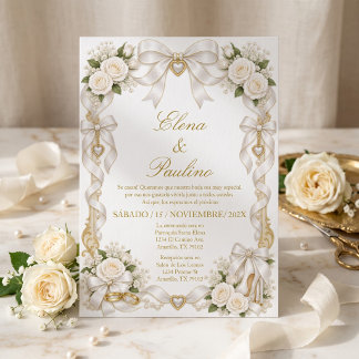 White Gold Wedding Floral Rose Bow Invitation