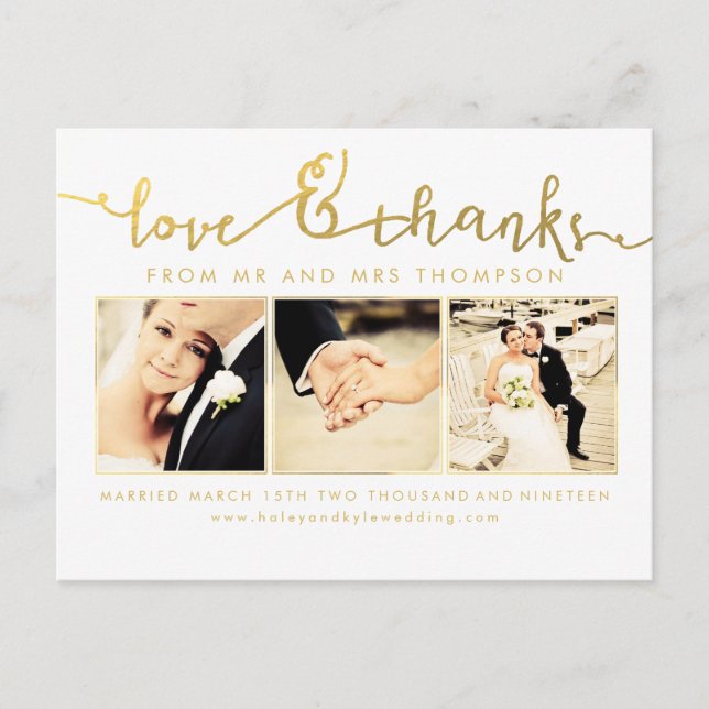 White Gold Wedding Love & Thanks Script Photo Postcard (Front)