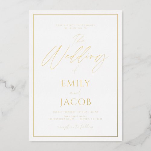  White Gold Wedding Modern Typography Foil Invitation