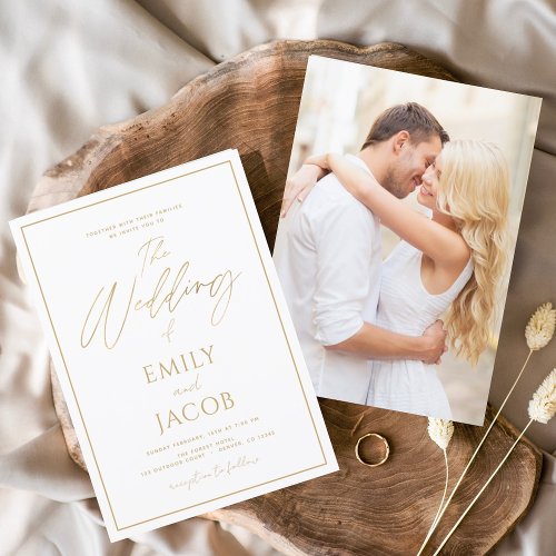 White Gold Wedding Photo Picture Typography Invitation