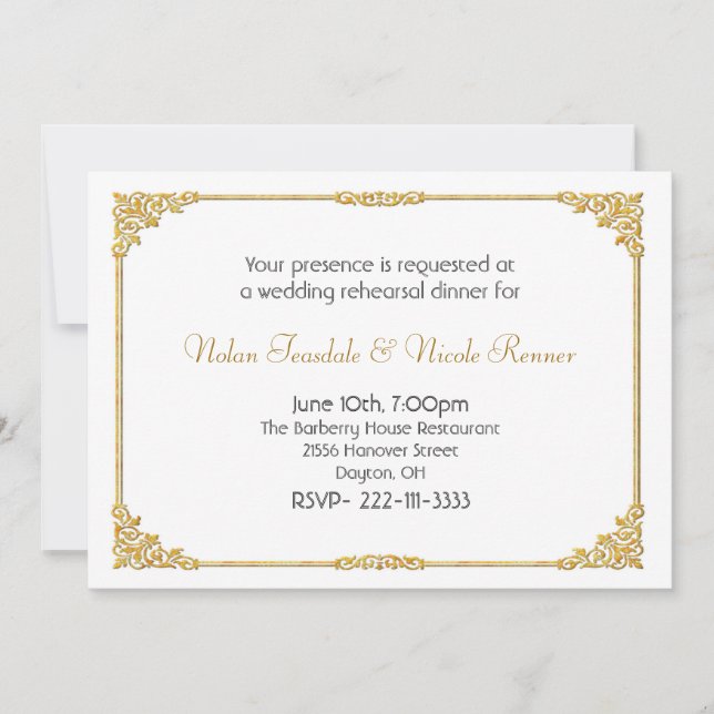White & Gold Wedding Rehearsal Dinner Invitation (Front)