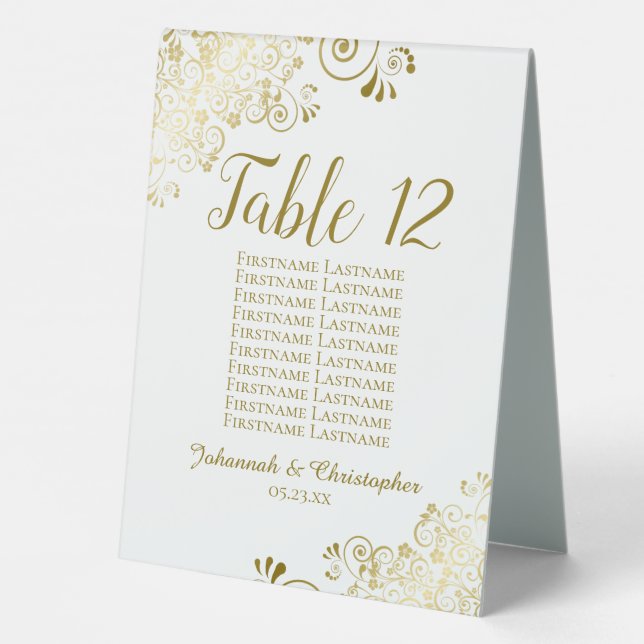 White & Gold Wedding Table Number Seating Chart Table Tent (Back)