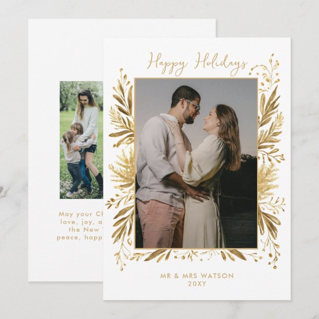 White Gold Winter Botanical Christmas 4 Photo  Holiday Card (Front/Back)