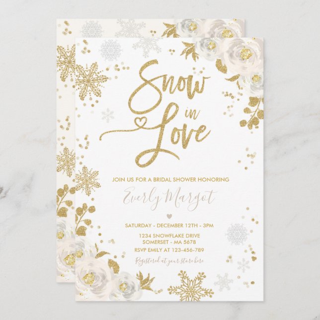 White & Gold Winter Bridal Shower Snow In Love Invitation (Front/Back)