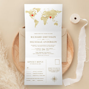 White Gold World Map All in One Wedding Tri-Fold Invitation