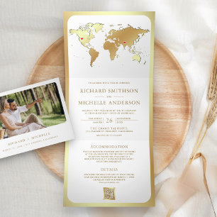White Gold World Map QR Code Photo Wedding Tri-Fold Invitation