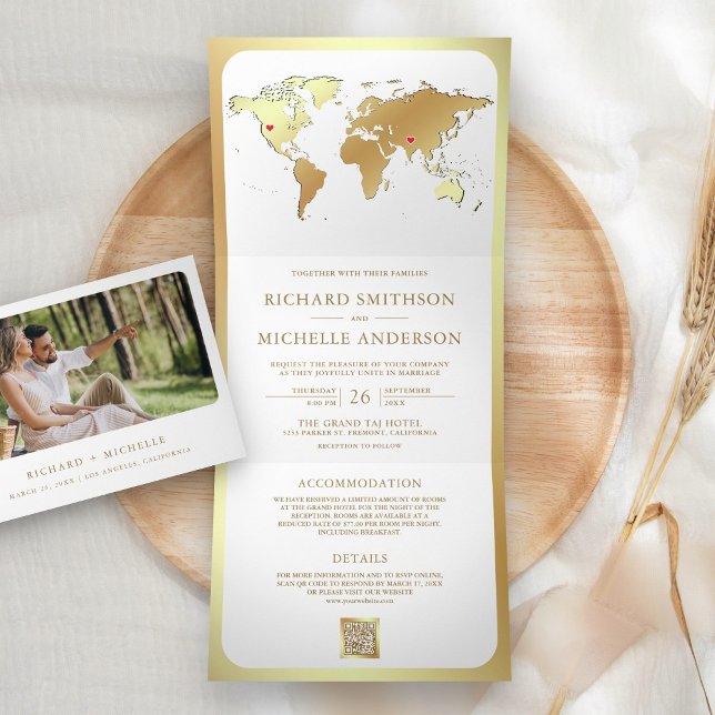 White Gold World Map QR Code Photo Wedding Tri-Fold Invitation (Creator Uploaded)