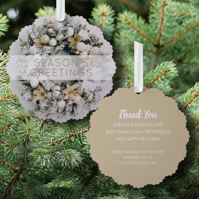 White Gold Wreath Business Holiday Greeting Paper Ornament Card (Creator Uploaded)