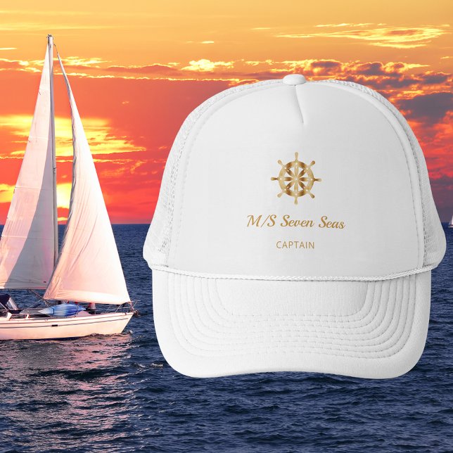 White gold yacht boat name steering wheel captain trucker hat (Creator Uploaded)