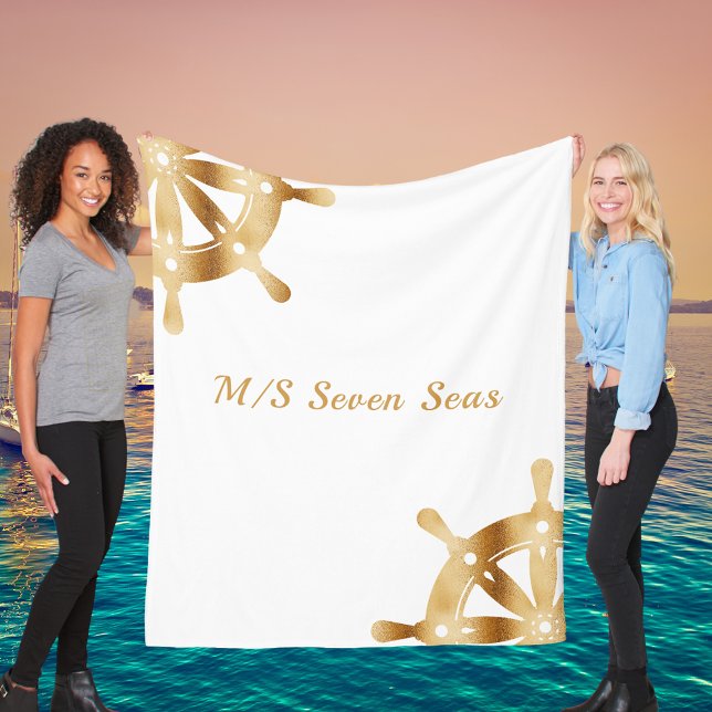 White gold yacht boat name steering wheel fleece blanket (Creator Uploaded)