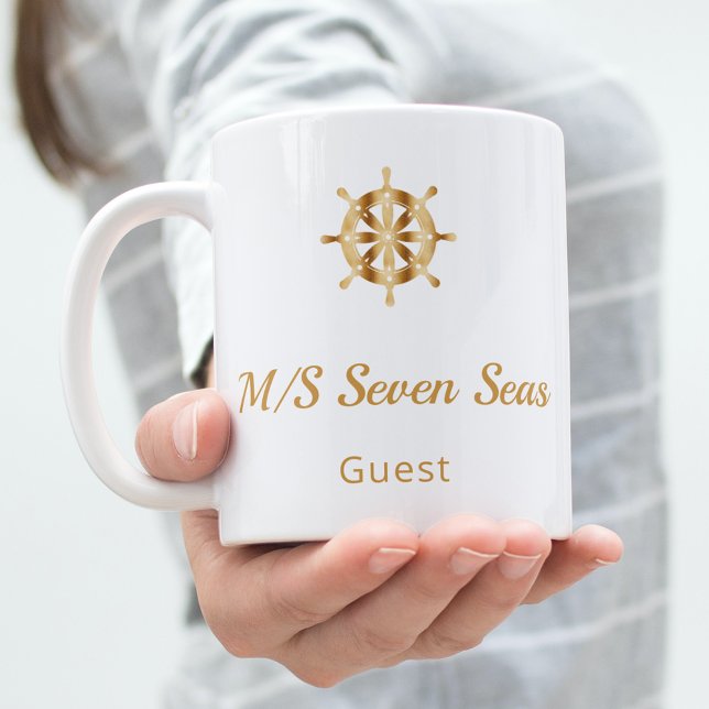White gold yacht boat name steering wheel guest coffee mug (Creator Uploaded)