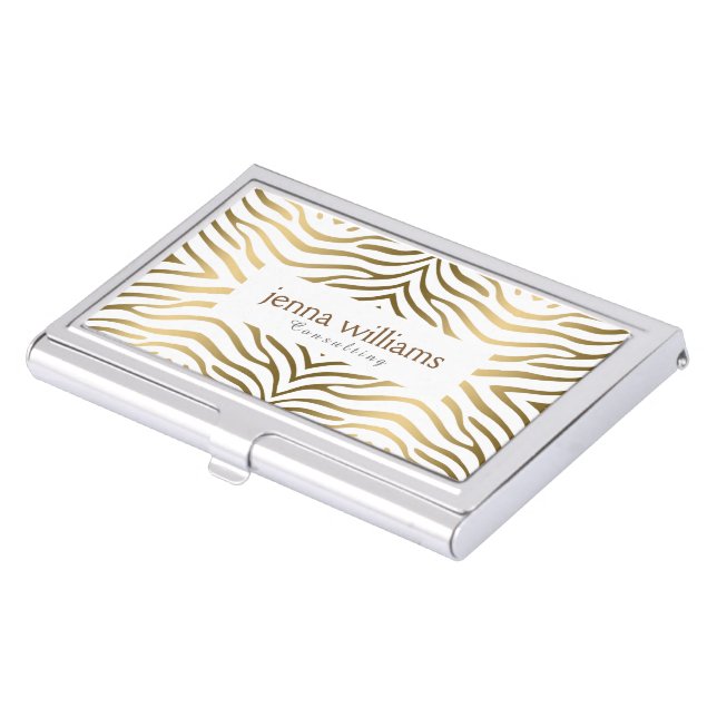 White & Gold Zebra Stripes Pattern Business Card Holder (Front)