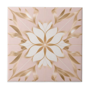 White, golden and pink floral ceramic tile