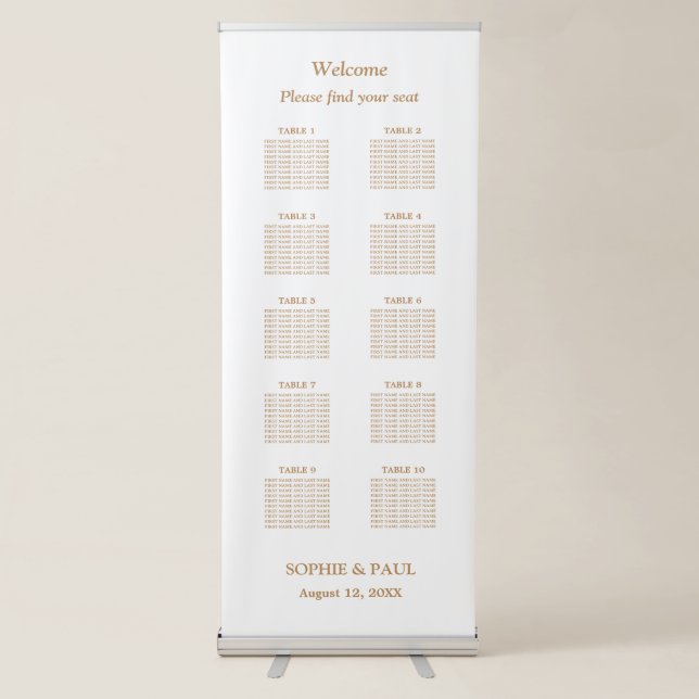 White Golden Beige 10 Table Seating Chart Retractable Banner (Front)