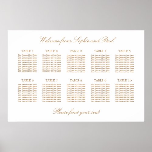 White Golden Beige 10 Table Wedding Seating Chart