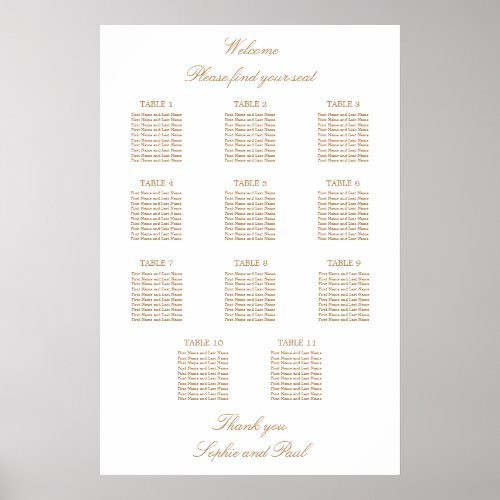 White Golden Beige 11 Table Wedding Seating Chart