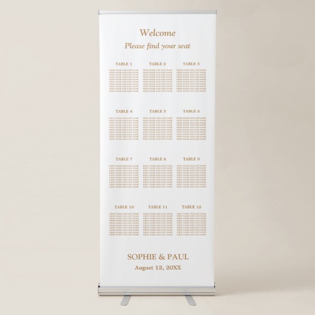 White Golden Beige 12 Table Seating Chart Retractable Banner (Front)