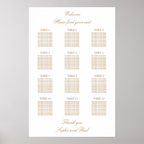 White Golden Beige 12 Table Wedding Seating Chart