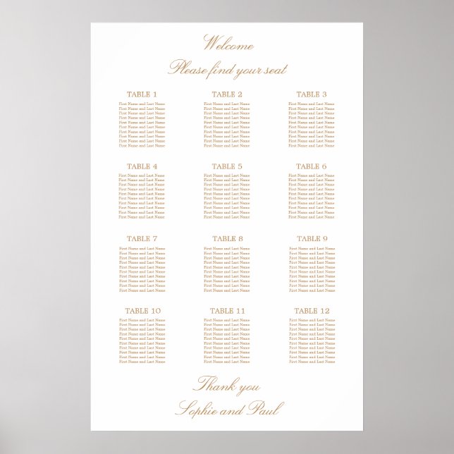 White Golden Beige 12 Table Wedding Seating Chart (Front)