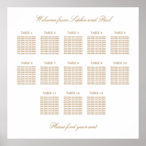 White Golden Beige 13 Table Wedding Seating Chart