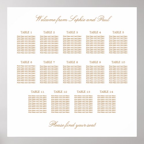 White Golden Beige 14 Table Wedding Seating Chart