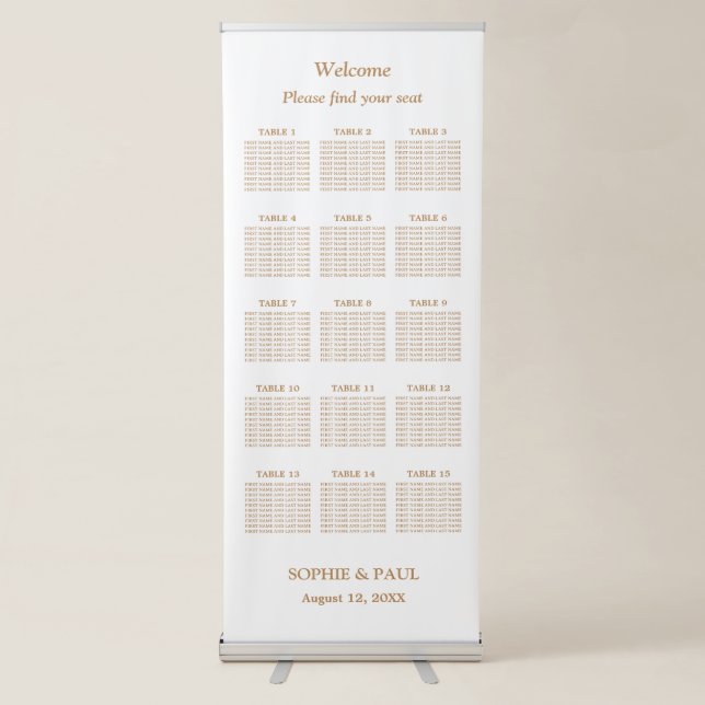 White Golden Beige 15 Table Seating Chart Retractable Banner (Front)