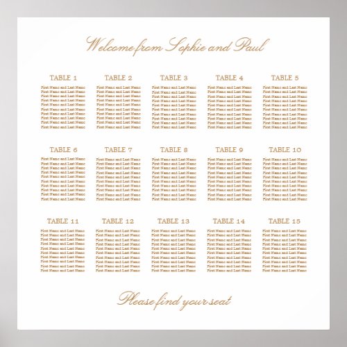 White Golden Beige 15 Table Wedding Seating Chart