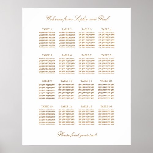 White Golden Beige 16 Table Wedding Seating Chart