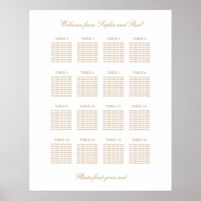 White Golden Beige 16 Table Wedding Seating Chart (Front)