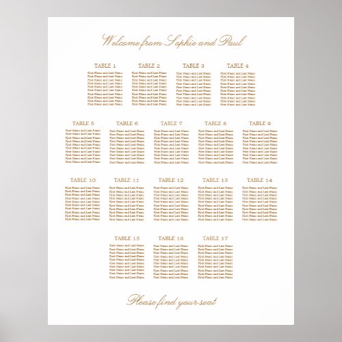 White Golden Beige 17 Table Wedding Seating Chart