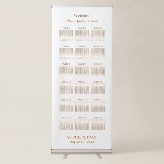 White Golden Beige 18 Table Seating Chart Retractable Banner (Front)