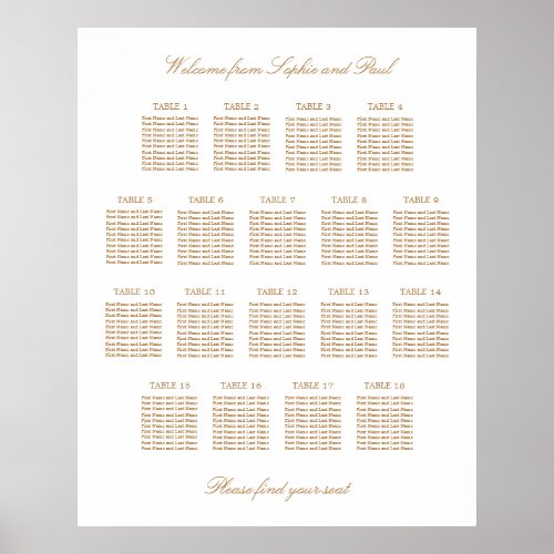 White Golden Beige 18 Table Wedding Seating Chart