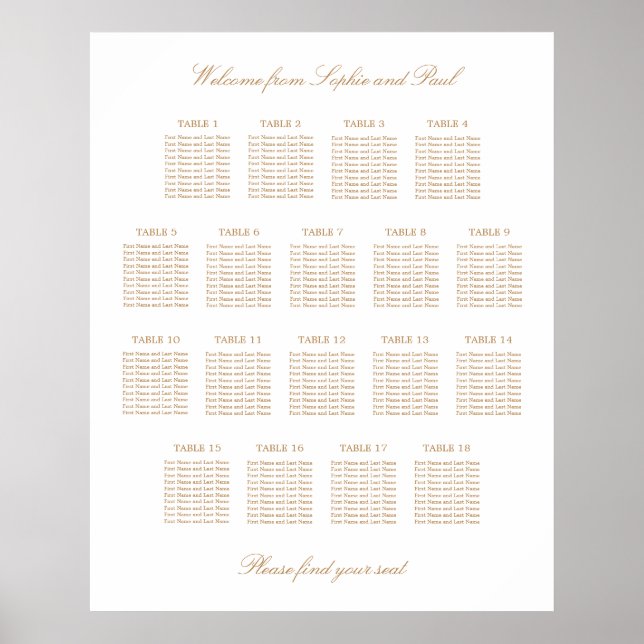 White Golden Beige 18 Table Wedding Seating Chart (Front)
