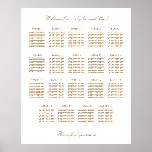 White Golden Beige 19 Table Wedding Seating Chart