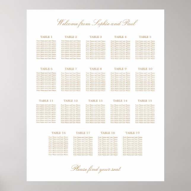 White Golden Beige 19 Table Wedding Seating Chart (Front)