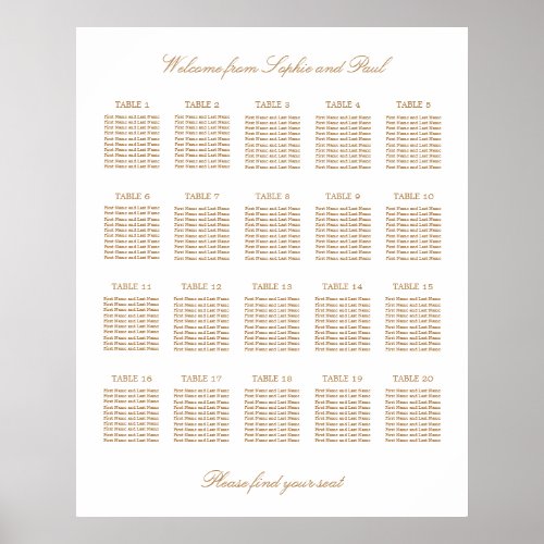 White Golden Beige 20 Table Wedding Seating Chart
