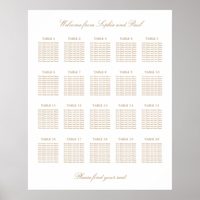 White Golden Beige 20 Table Wedding Seating Chart (Front)