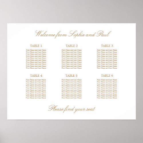 White Golden Beige 6 Table Wedding Seating Chart