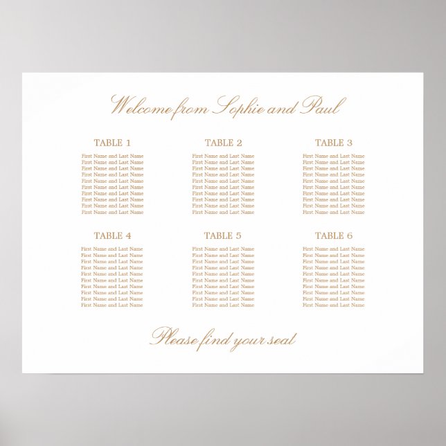 White Golden Beige 6 Table Wedding Seating Chart (Front)