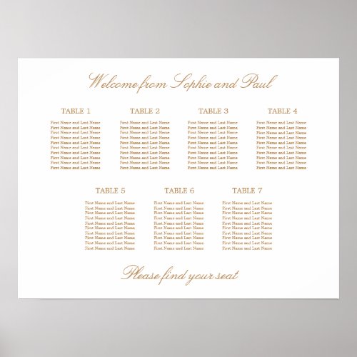 White Golden Beige 7 Table Wedding Seating Chart