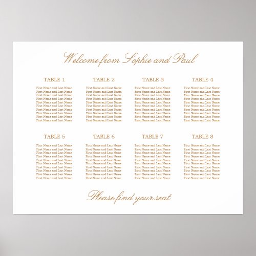 White Golden Beige 8 Table Wedding Seating Chart