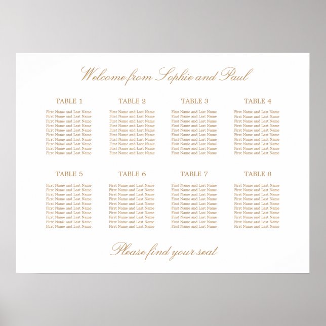 White Golden Beige 8 Table Wedding Seating Chart (Front)