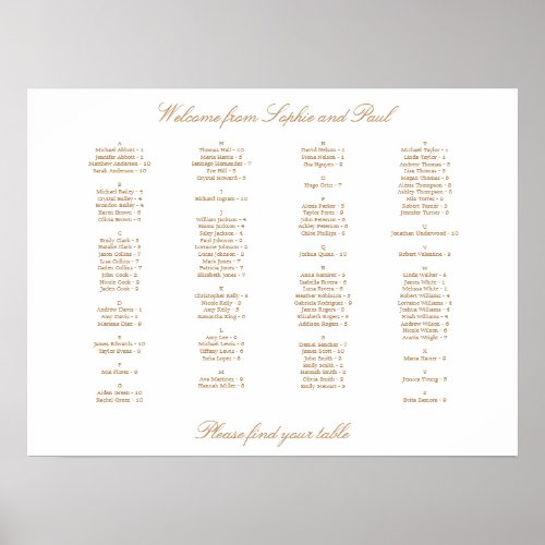 White Golden Beige Alphabetical Seating Chart