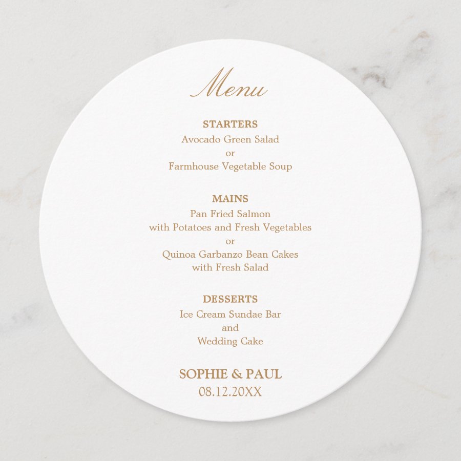 White Golden Beige Round Wedding Menu