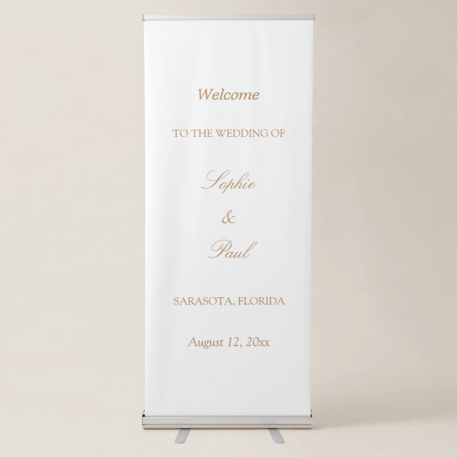 White Golden Beige Wedding Welcome Retractable Banner (Front)
