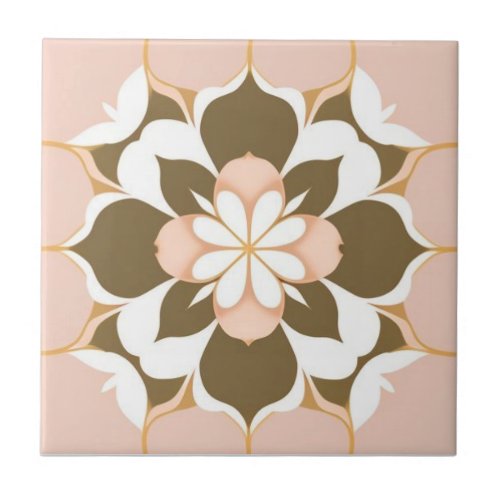 White golden brown and pink floral ceramic tile