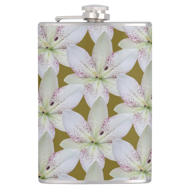 White Golden-rayed lily  Flower ,Personalized Name Flask (Front)